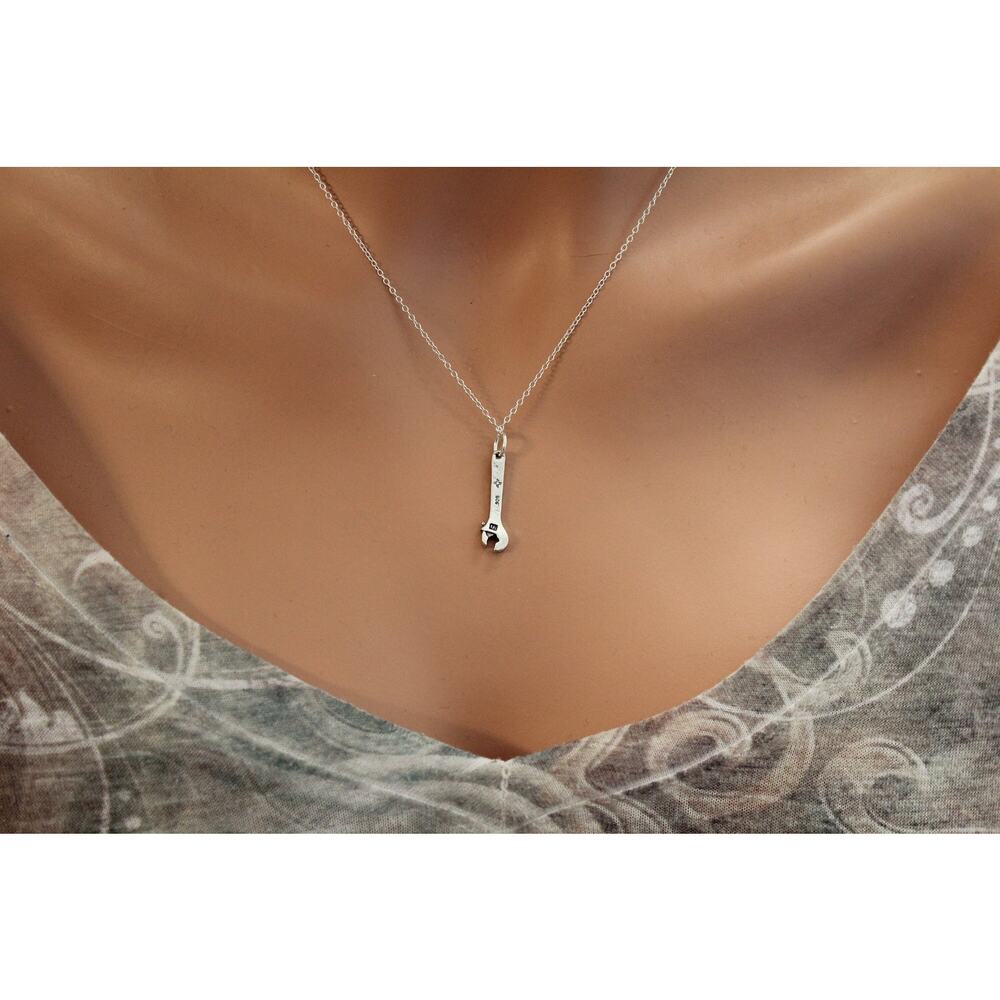 Sterling Silver Oxidized Wrench Charm Necklace, Silver Charm Wrench Necklace - Picture 4 of 5